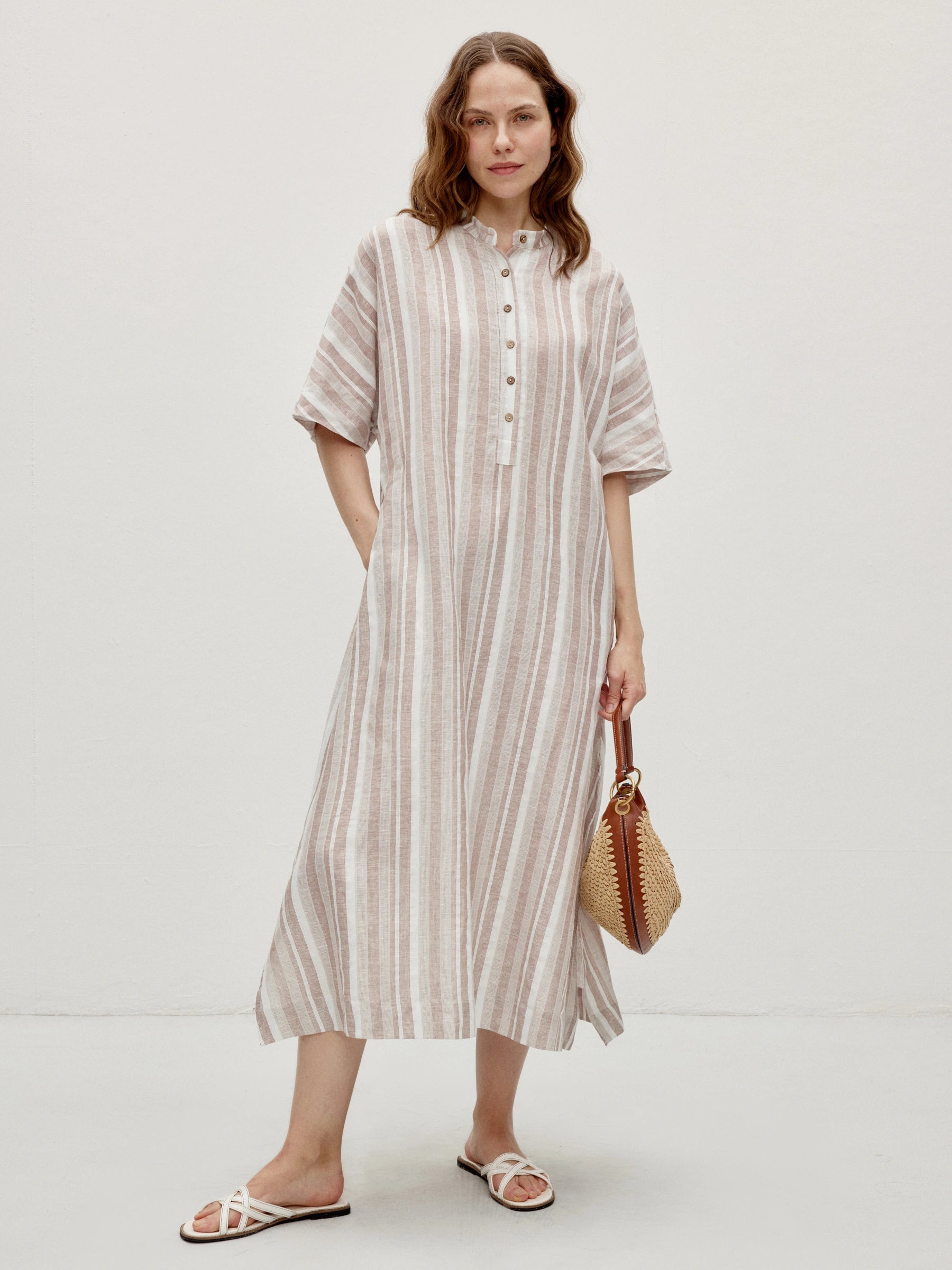 Linen Cotton Stripe Batwing Sleeve Oversized Maxi Dress Linen Still Linen Cotton Stripe Batwing Sleeve Oversized Maxi Dress Linen Still