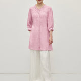 100% Linen Ruffle Trim Half Sleeve Tunic Shirt