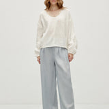 100% Linen Hand-Beaded Neckline Elastic Cuffs Blouse