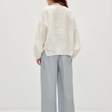 100% Linen Hand-Beaded Neckline Elastic Cuffs Blouse