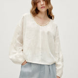 100% Linen Hand-Beaded Neckline Elastic Cuffs Blouse