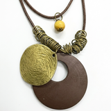 Retro Boho Round Wooden Pendant Double-layer Statement Necklace