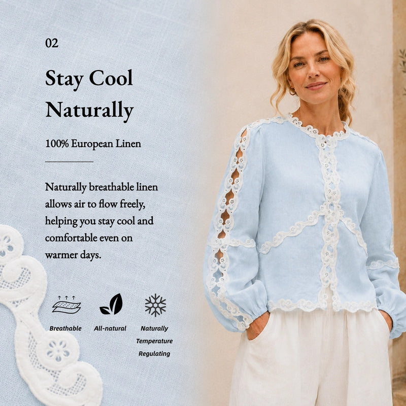 100% Linen Heavy-Embroidered Lace Splicing Side Cutouts Elasticated Cuffs Blouse