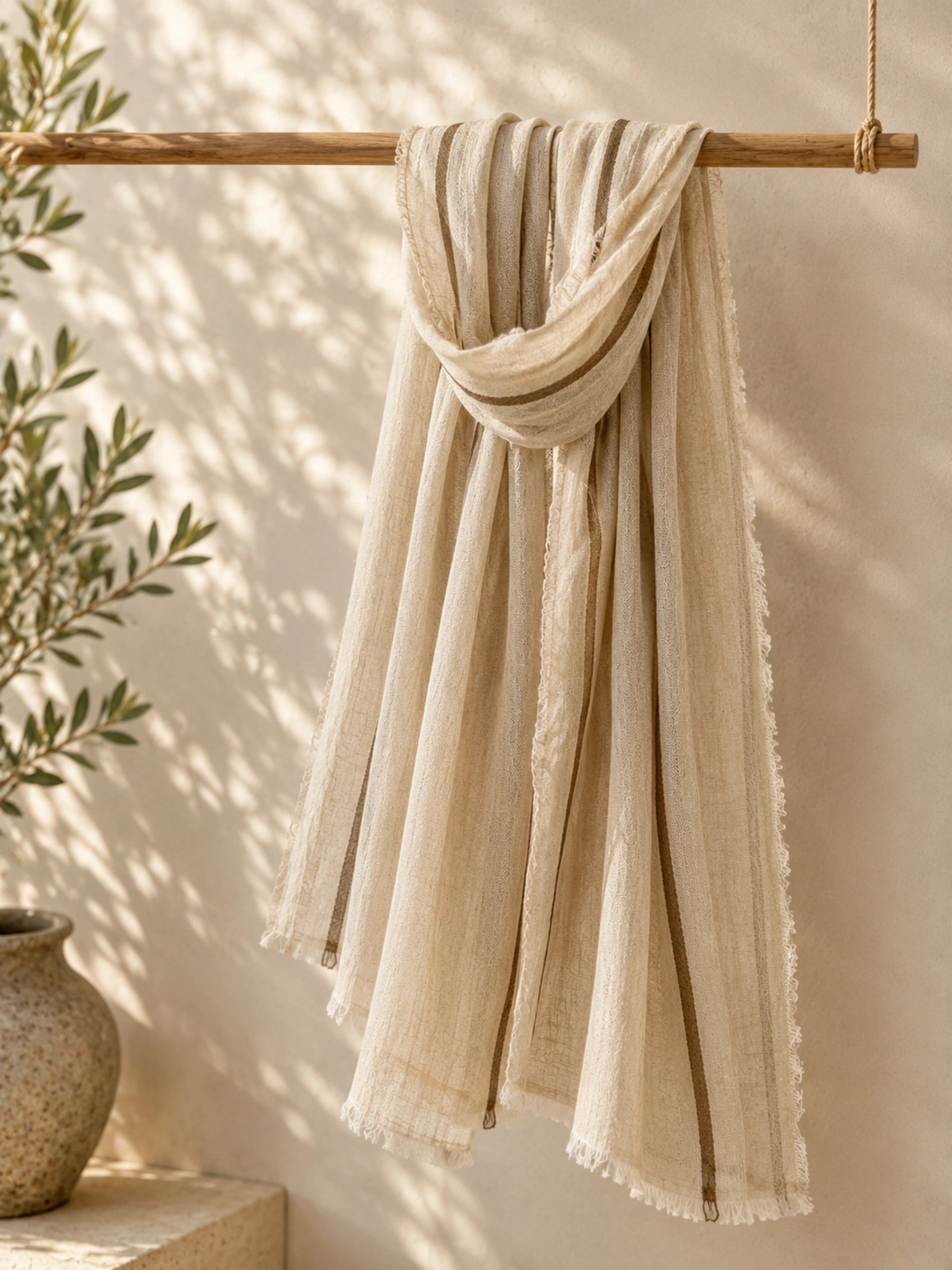 100% Linen Stripe Print Tassel Scarf