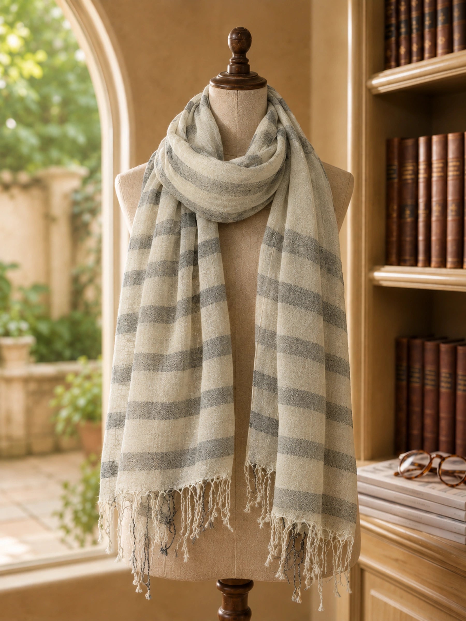 100% Linen Multi-Pattern Plaid Stripe Scarf