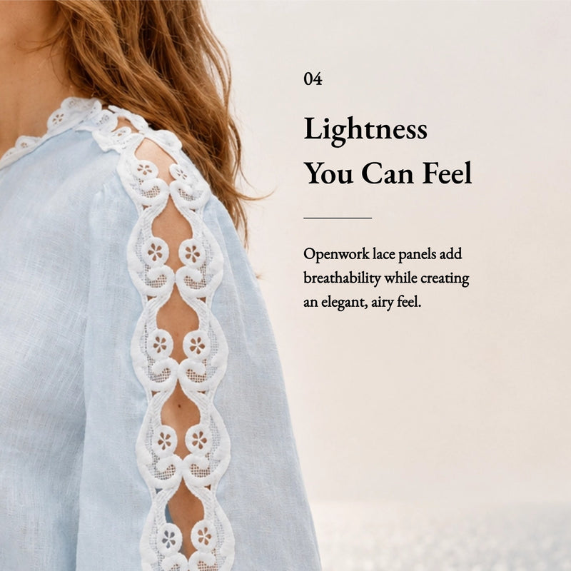 100% Linen Heavy-Embroidered Lace Splicing Side Cutouts Elasticated Cuffs Blouse
