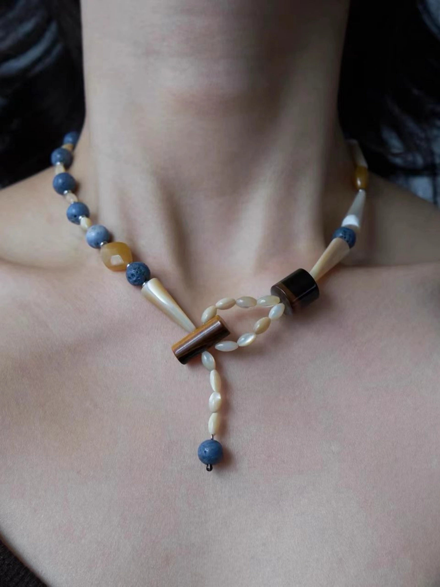 Vintage Mixed Gemstone Beaded Y Drop Necklace