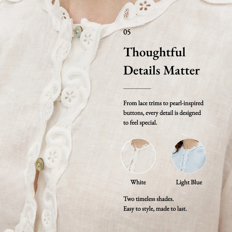 100% Linen Heavy-Embroidered Lace Splicing Side Cutouts Elasticated Cuffs Blouse