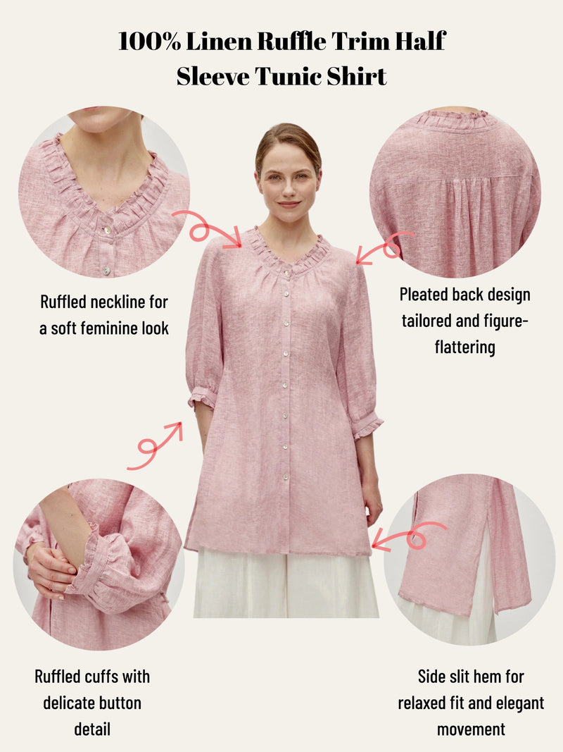 100% Linen Ruffle Trim Half Sleeve Tunic Shirt
