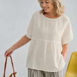 100% Linen Boat Neck Gathered Dolman Sleeve Blouse