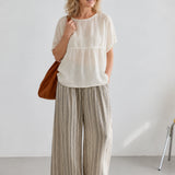 100% Linen Boat Neck Gathered Dolman Sleeve Blouse