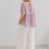 100% Linen Boat Neck Gathered Dolman Sleeve Blouse