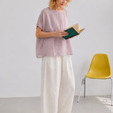 100% Linen Boat Neck Gathered Dolman Sleeve Blouse