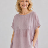 100% Linen Boat Neck Gathered Dolman Sleeve Blouse