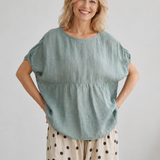 100% Linen Boat Neck Gathered Dolman Sleeve Blouse