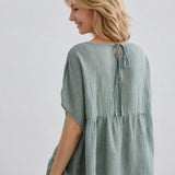 100% Linen Boat Neck Gathered Dolman Sleeve Blouse