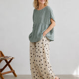 100% Linen Boat Neck Gathered Dolman Sleeve Blouse