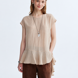 100% Linen Cap Sleeve Ruffle Hem Blouse