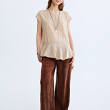 100% Linen Cap Sleeve Ruffle Hem Blouse