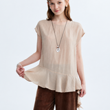 100% Linen Cap Sleeve Ruffle Hem Blouse
