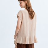 100% Linen Cap Sleeve Ruffle Hem Blouse