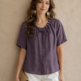 100% Linen Ruffled Tie Bow Neck Button Front Short Sleeve Blouse