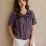 100% Linen Ruffled Tie Bow Neck Button Front Short Sleeve Blouse