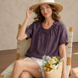 100% Linen Ruffled Tie Bow Neck Button Front Short Sleeve Blouse