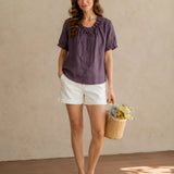 100% Linen Ruffled Tie Bow Neck Button Front Short Sleeve Blouse