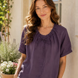 100% Linen Ruffled Tie Bow Neck Button Front Short Sleeve Blouse