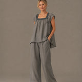100% Linen Square Neck Patchwork Blouse
