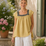 100% Linen Square Neck Patchwork Blouse