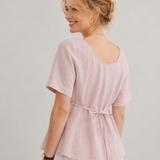 100% Linen U Scoop Neck Button Front Short Sleeve Blouse