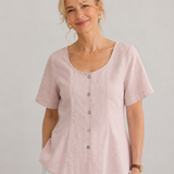 100% Linen U Scoop Neck Button Front Short Sleeve Blouse