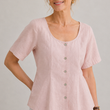 100% Linen U Scoop Neck Button Front Short Sleeve Blouse