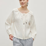 100% Linen Drawstring Neckline Zipper Lantern Sleeve Blouse