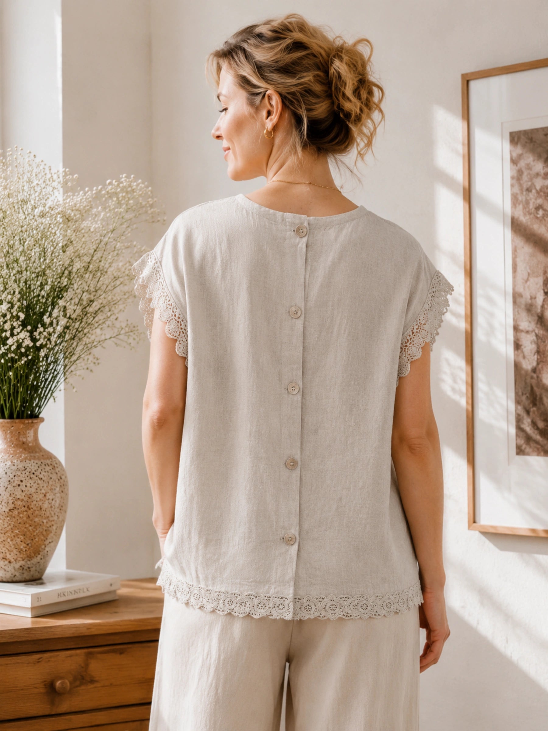 100% Lace Trim Capes Sleeve Blouse
