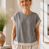 100% Lace Trim Capes Sleeve Blouse