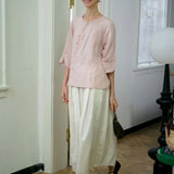 100% Linen Vintage 3/4 Sleeve Diagonal Button Blouse