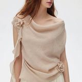 100% Linen 3D Flower Detail Off-Shoulder Draped Blouse