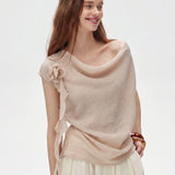 100% Linen 3D Flower Detail Off-Shoulder Draped Blouse