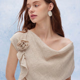 100% Linen 3D Flower Detail Off-Shoulder Draped Blouse
