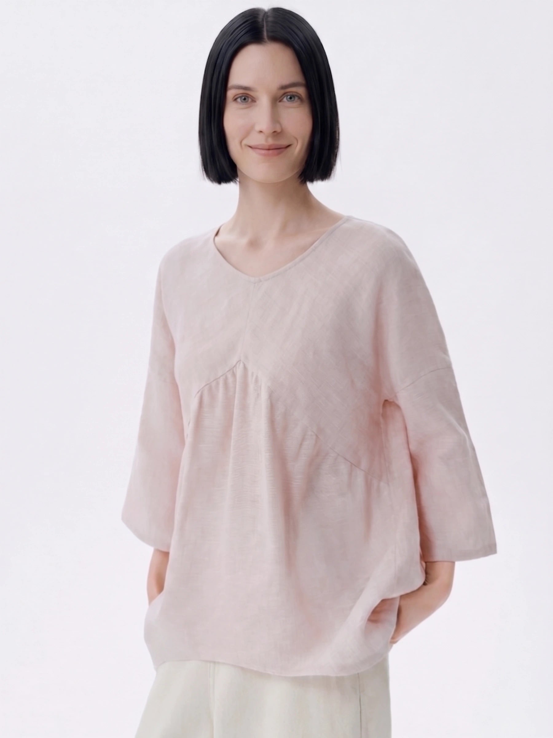 100% Linen 3/4 Sleeve Gathered Front Blouse