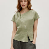 100% Linen Asymmetric Button Short Sleeve Blouse