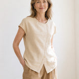 100% Linen Asymmetric Double Button Cap Sleeve Blouse