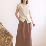 100% Linen Asymmetric Double Button Cap Sleeve Blouse