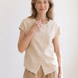100% Linen Asymmetric Double Button Cap Sleeve Blouse