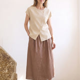 100% Linen Asymmetric Double Button Cap Sleeve Blouse