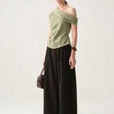 100% Linen Asymmetric Off-Shoulder Ruched Blouse