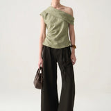 100% Linen Asymmetric Off-Shoulder Ruched Blouse